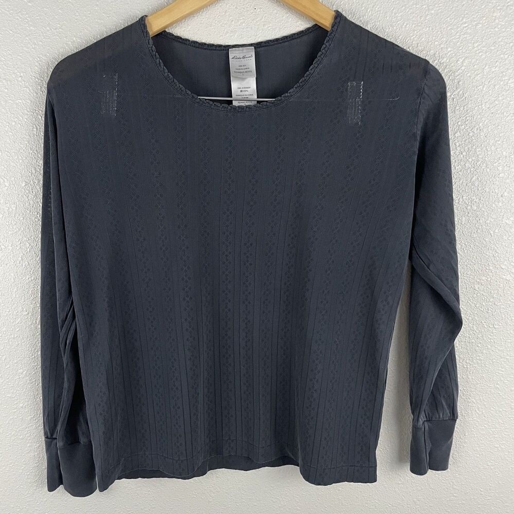 Eddie Bauer Womens L Petite Gray 100% Silk Long Sleeve Patterned Knit Shirt